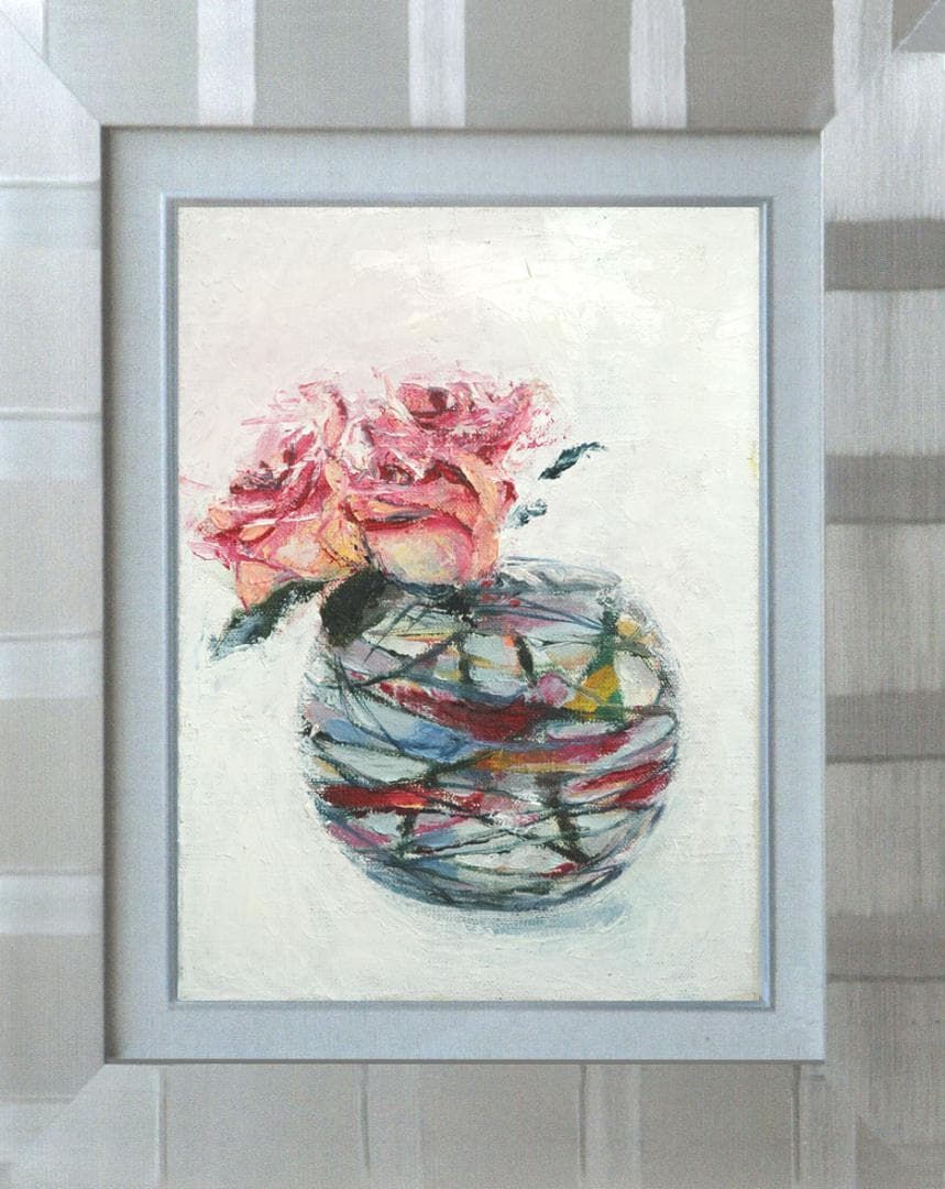 油絵 菅家令子 絵 絵画インテリア額付(青緑＋金色の枠)F4-070102 ばら