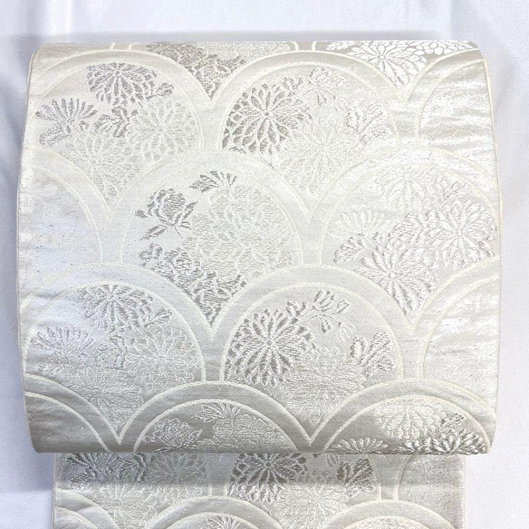 袋帯　青海波　菊花　牡丹　銀糸　シルバー　着物　帯　023k