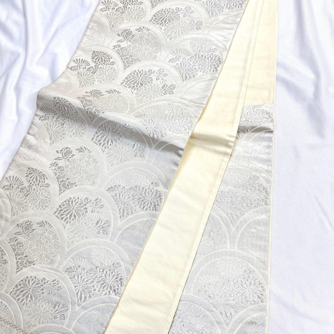 袋帯　青海波　菊花　牡丹　銀糸　シルバー　着物　帯　023k