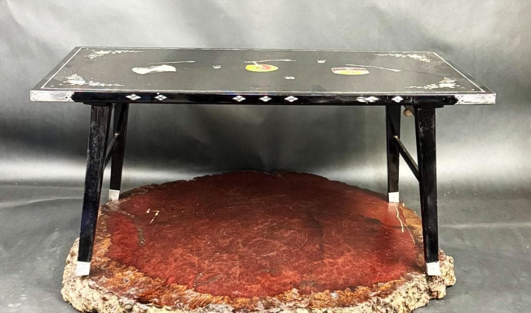 時代物 黒漆 木製青貝螺鈿装飾折り畳み式座卓 伝統工芸 唐木 茶道WWWT115