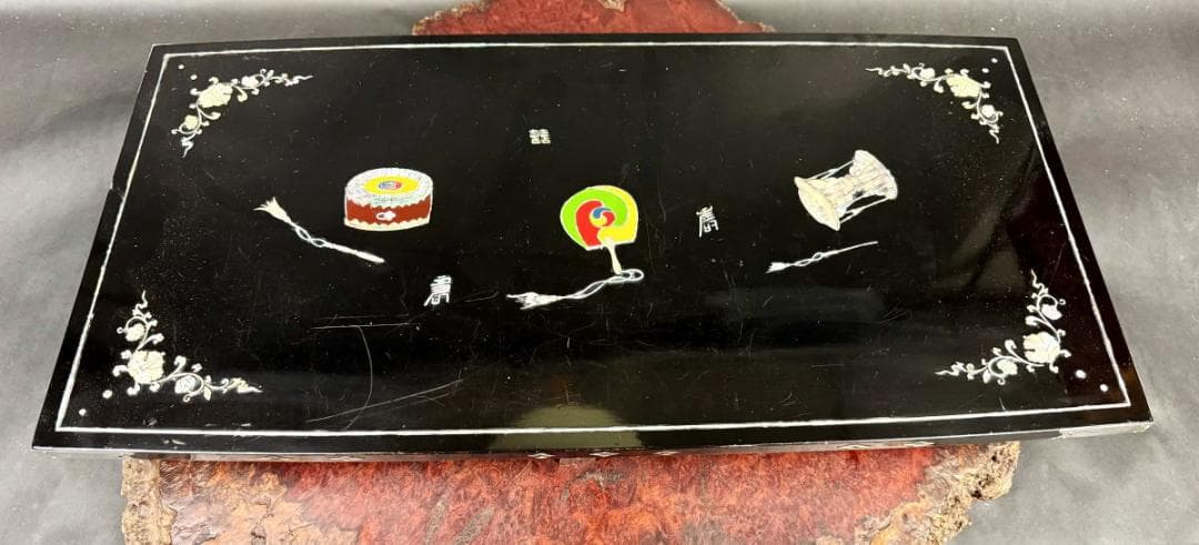 時代物 黒漆 木製青貝螺鈿装飾折り畳み式座卓 伝統工芸 唐木 茶道WWWT115