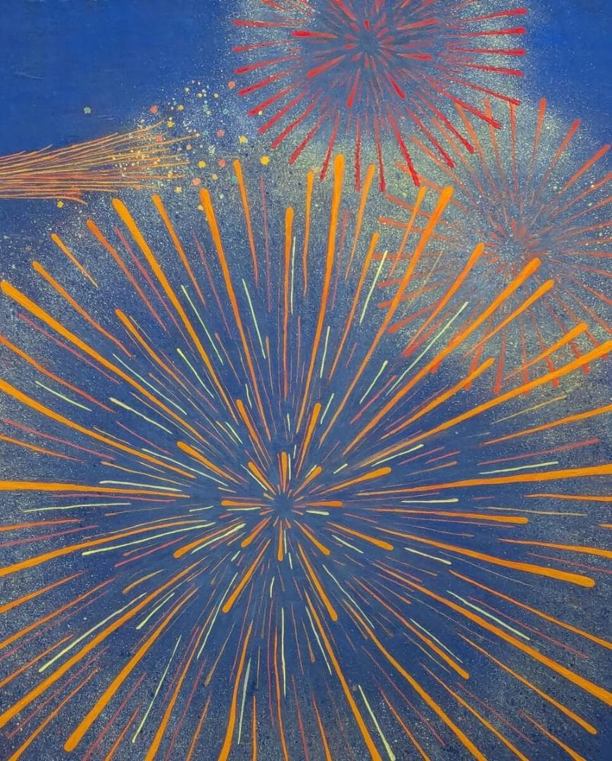 【真作】絵画　日本画20号　夜空を彩る大輪の華　夏を閉じ込めたアート　Y116