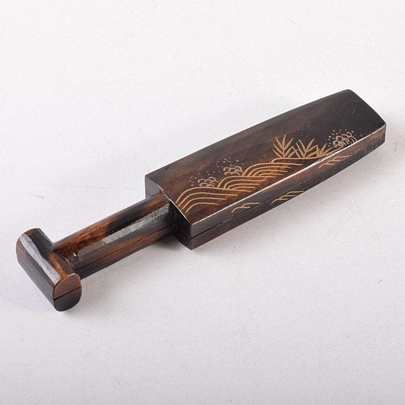 茶道具　田中宗凌造　芦に波蒔絵　黒柿櫂形香合　共箱　V　7964