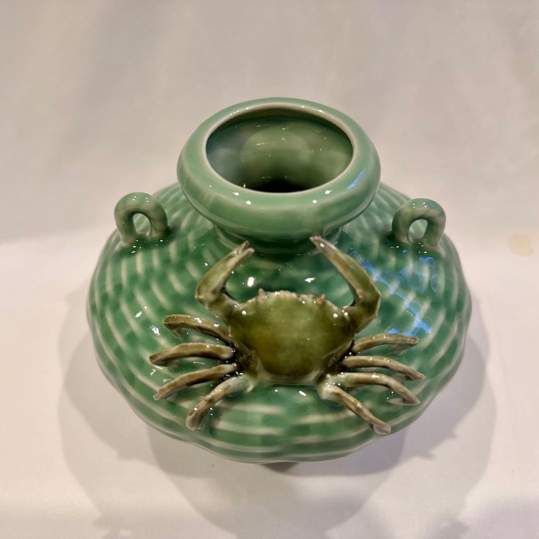 中国美術 明州越窯青磁 蟹 飾り壺 カニ 花瓶 花器 花入 青磁器 古美術品