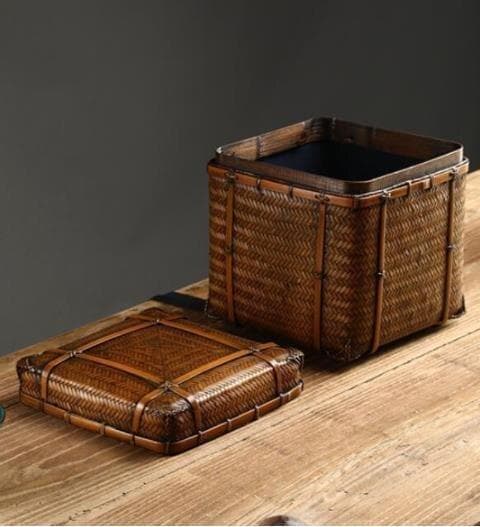 竹製編み込み収納ボックス 竹製 茶器 收納 茶盒 大容量 手作り 内布付き