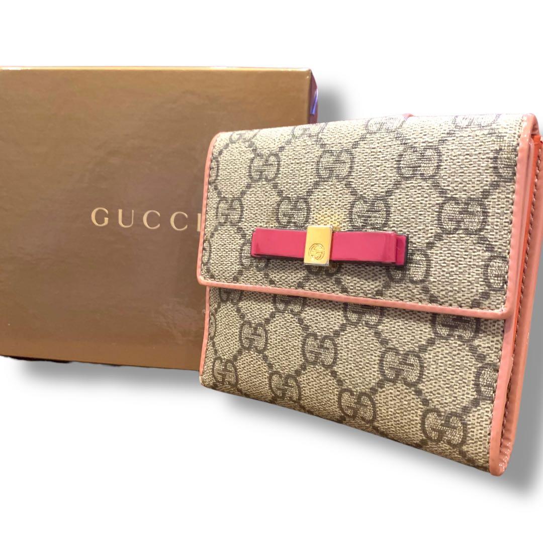 グッチ 折り財布 GGスプリーム ピンク×ベージュ　キャンバス　リボン　箱付き
