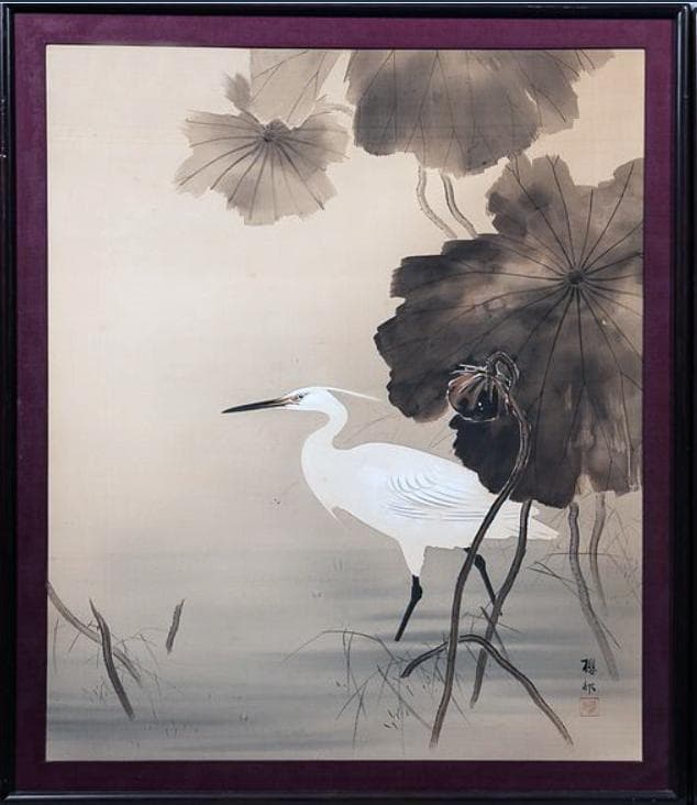 岡田櫻邨「鷺図」絹本、日本画