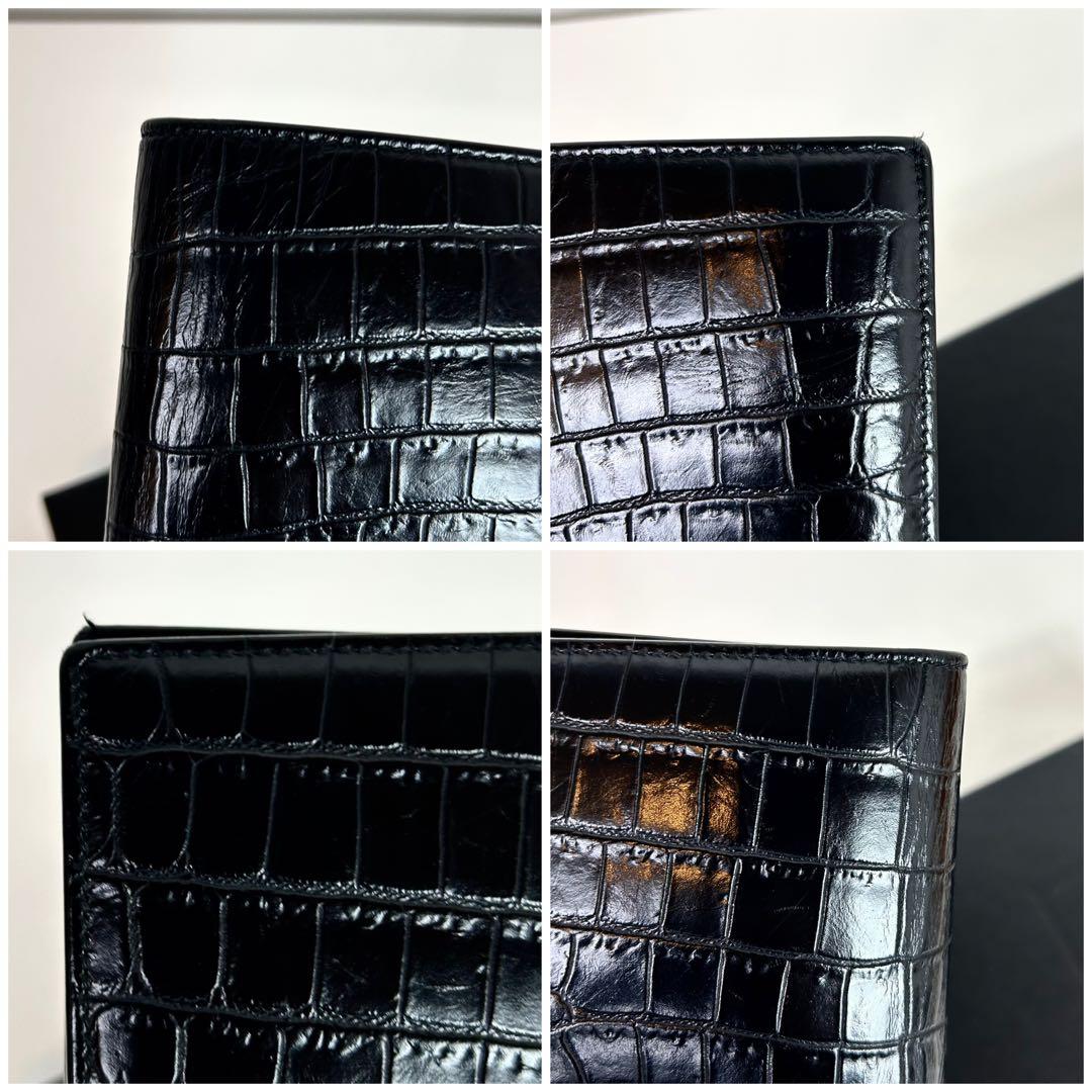 【たかえもん　付属品完備】サンローラン 長財布 黒 クロコ型押し レザー