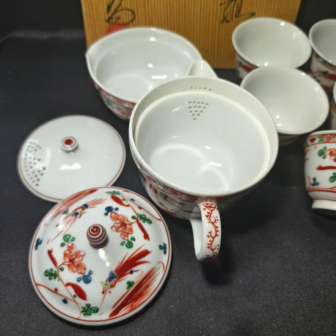 煎茶道具 小茶器 九谷焼 手描き赤絵花鳥文 作家物 二重蓋急須 共箱 中国茶器
