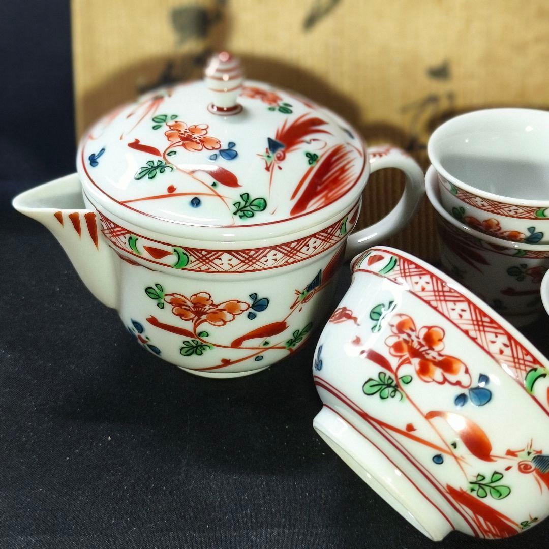 煎茶道具 小茶器 九谷焼 手描き赤絵花鳥文 作家物 二重蓋急須 共箱 中国茶器