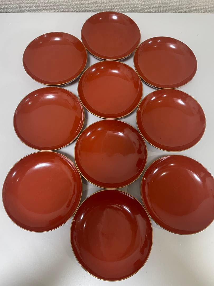 漆器 朱色 椀 10客 金縁 黒縁 輪島塗 吸物椀 蓋付 無地 金彩模様