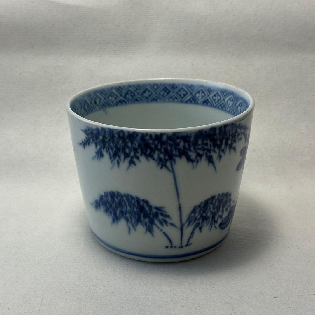 古伊万里　染付　蕎麦猪口　若葉　竹雀　鳳凰
