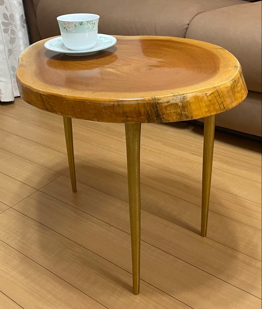 一枚板テーブル　幅53cm ゴールド色アイアン脚　サイドテーブル　無垢材