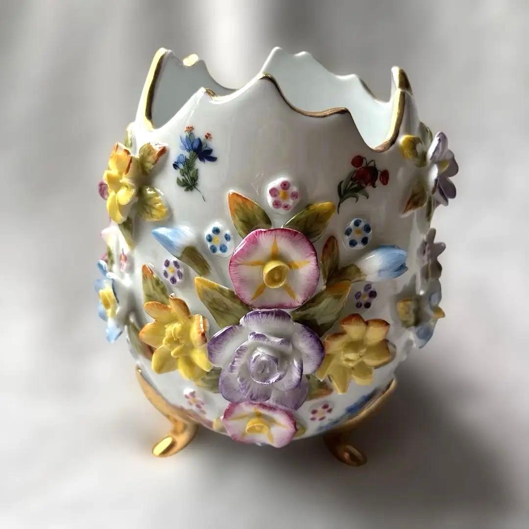ドイツ ドレスデン風 陶器 花装飾 卵型 花器 金彩 脚付き ヴィンテージ