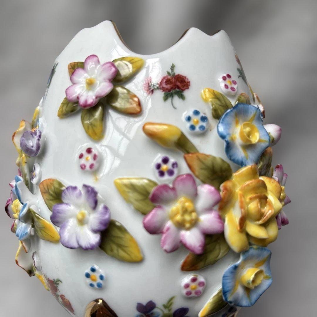 ドイツ ドレスデン風 陶器 花装飾 卵型 花器 金彩 脚付き ヴィンテージ