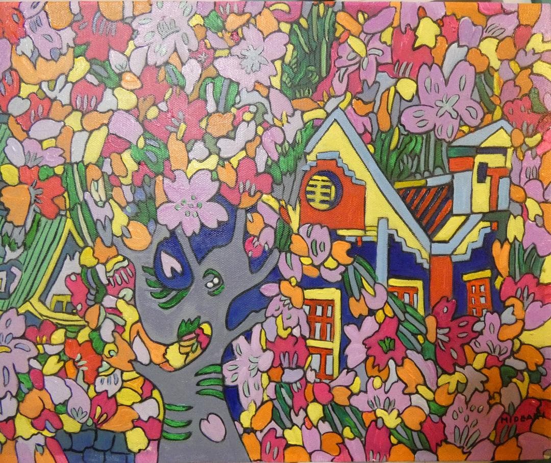 油彩 ジミー大西 「花吹雪」サイン M10 額装済み 肉筆手描き