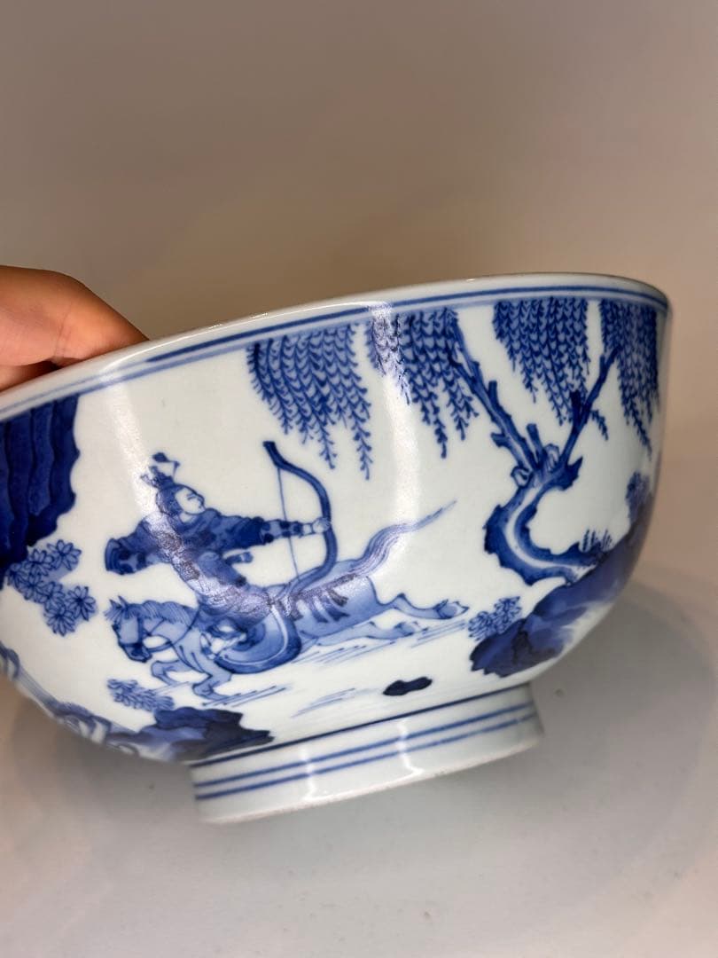 本mercy専用　中国清時代 大明成化年製青花染付狩猟図碗 古陶磁骨董品染め付け