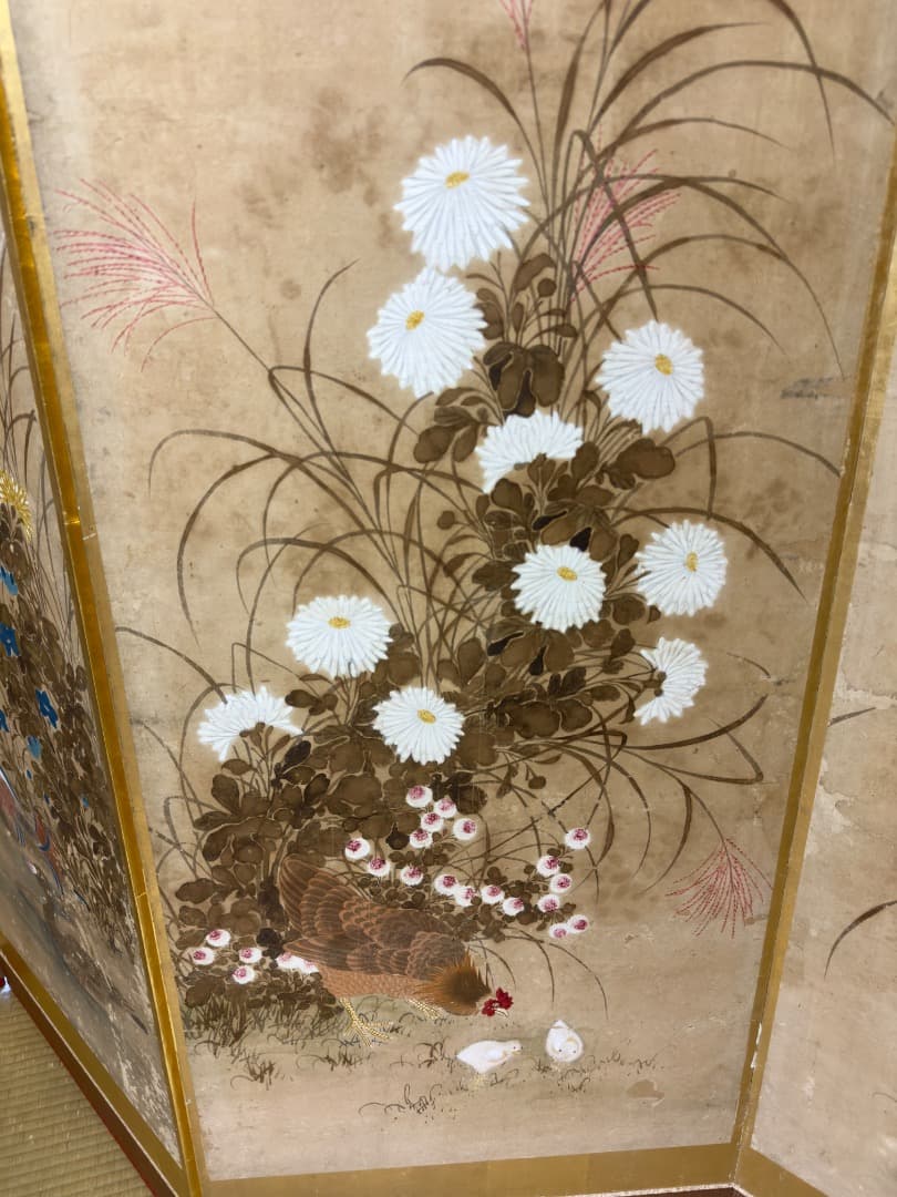 明治後期 六曲 一 双屏風 金沢金箔 猫犬絵