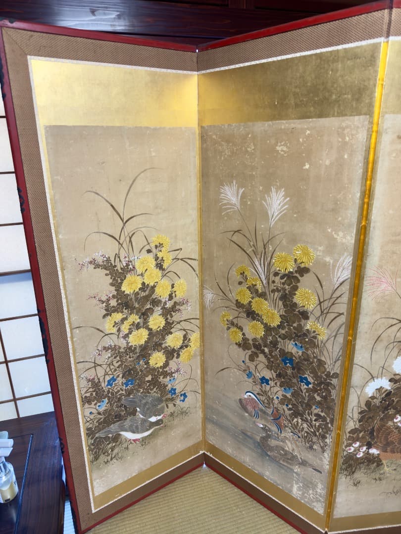 明治後期 六曲 一 双屏風 金沢金箔 猫犬絵