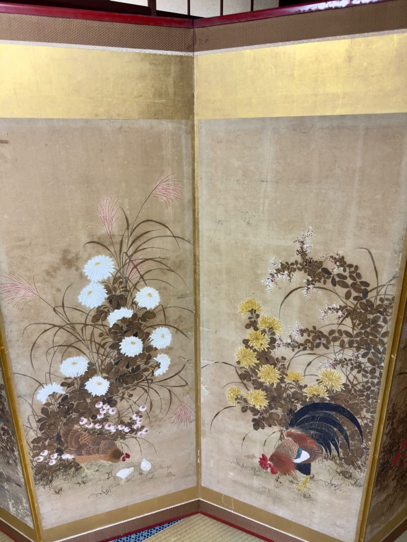 明治後期 六曲 一 双屏風 金沢金箔 猫犬絵