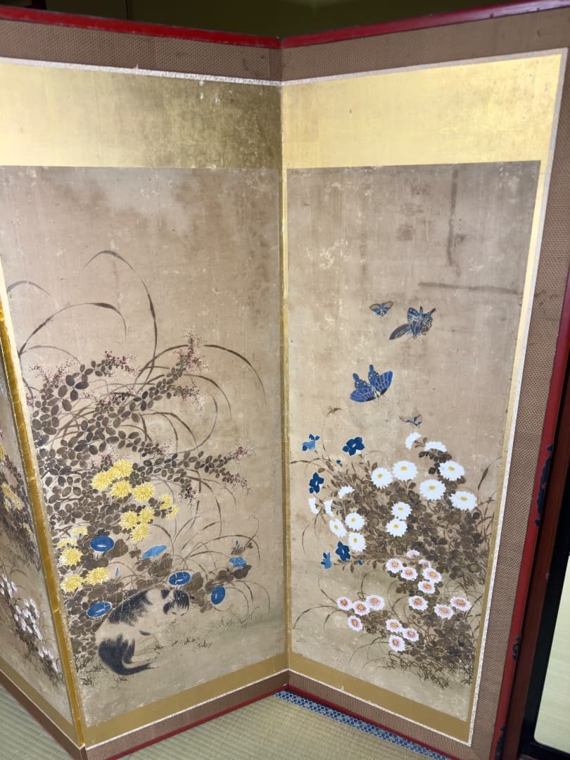 明治後期 六曲 一 双屏風 金沢金箔 猫犬絵