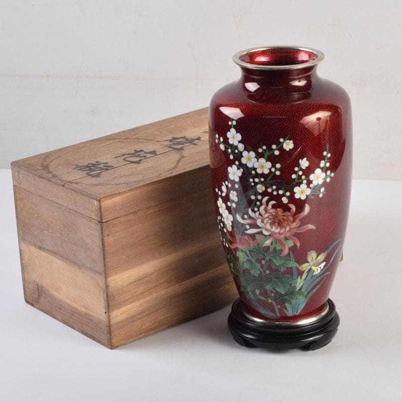 七宝焼　赤透釉　四君子文　花瓶　唐木台付　共箱　V　9132