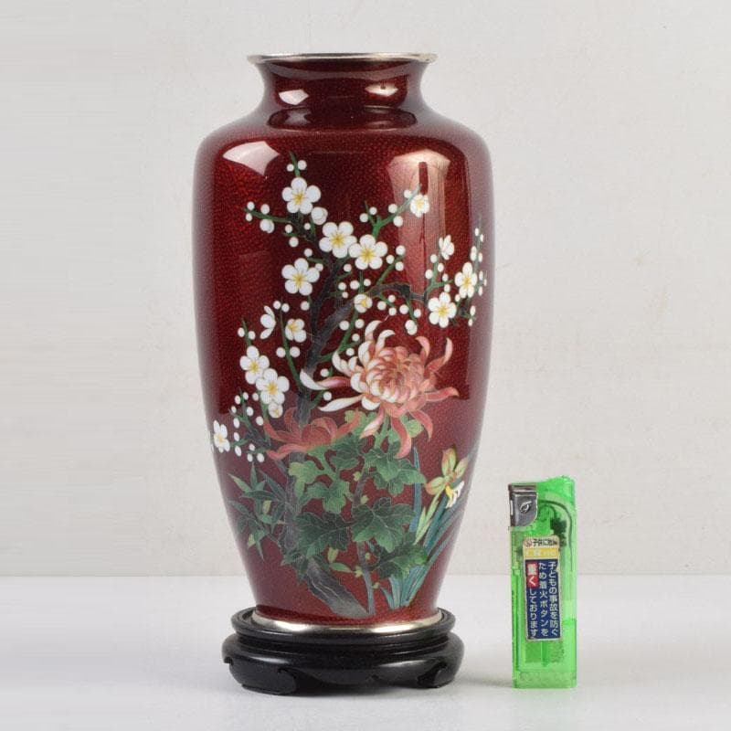 七宝焼　赤透釉　四君子文　花瓶　唐木台付　共箱　V　9132