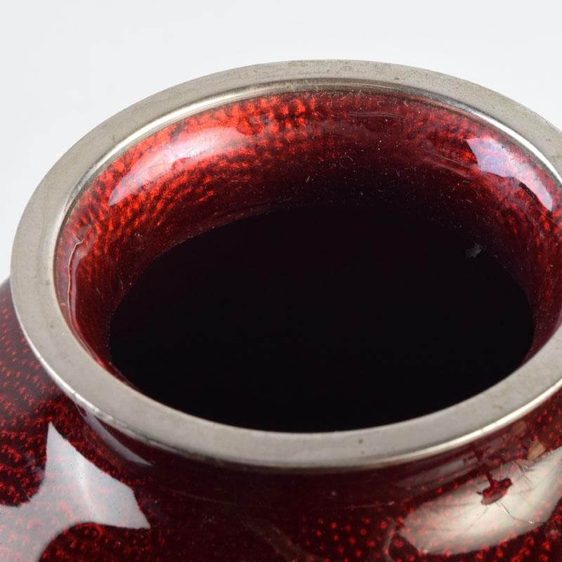 七宝焼　赤透釉　四君子文　花瓶　唐木台付　共箱　V　9132