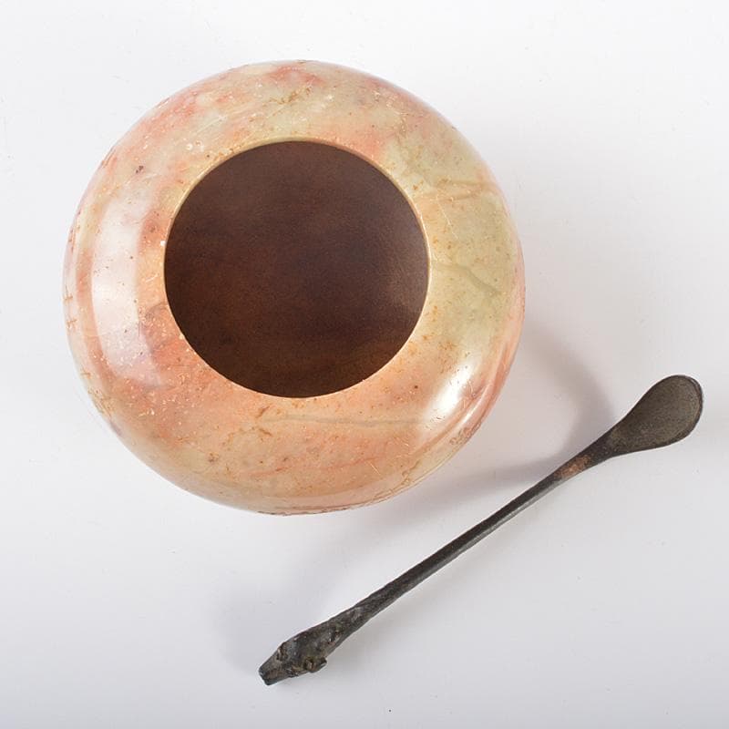 中国　玉石彫刻　山水漢詩刻　水孟　銅匙付　合わせ箱　M　R6515