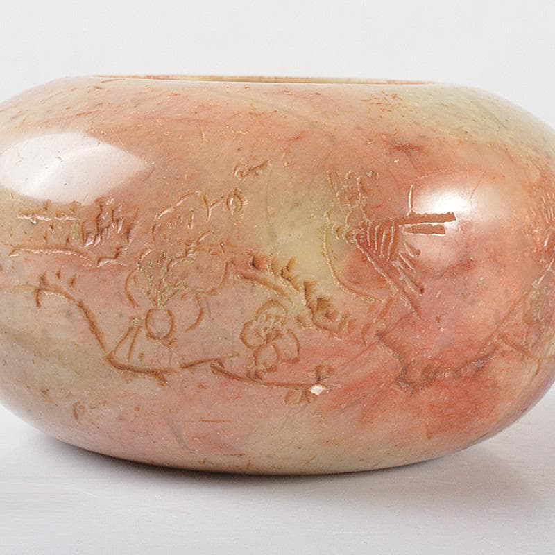 中国　玉石彫刻　山水漢詩刻　水孟　銅匙付　合わせ箱　M　R6515