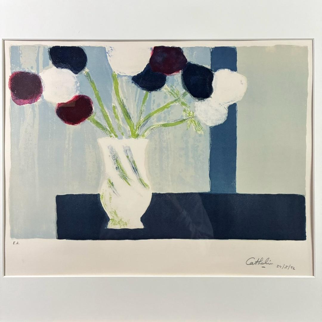 ベルナール・カトラン「青い背景のアネモネ」リトグラフ 直筆サイン入り 1992年