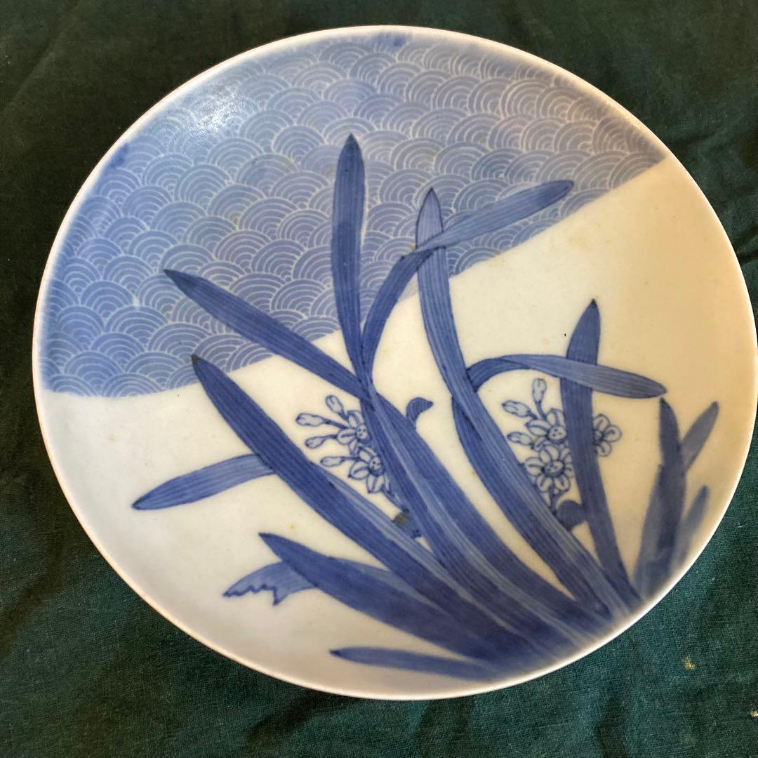 藍鍋島 染付 青海波水仙 皿 骨董 ヴィンテージ　水仙皿①