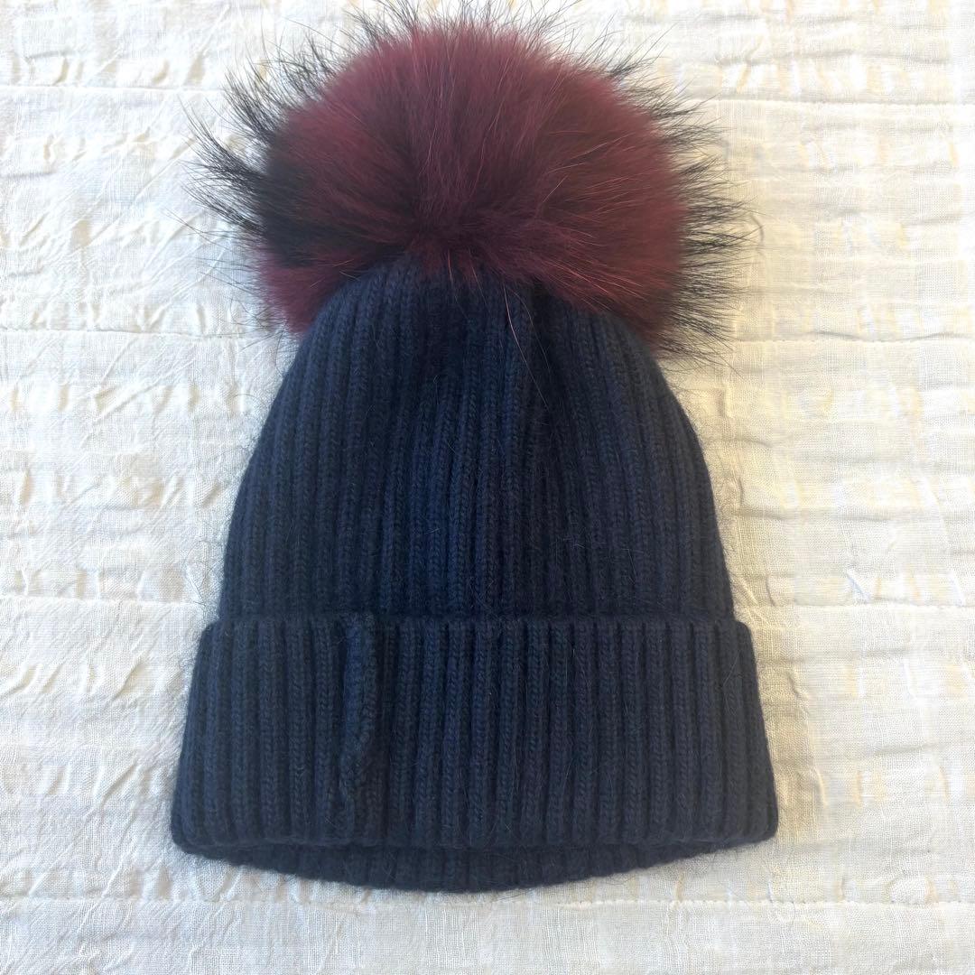 【美品】Yves Salomon イヴ サロモン 毛皮ポンポン付 ニット帽