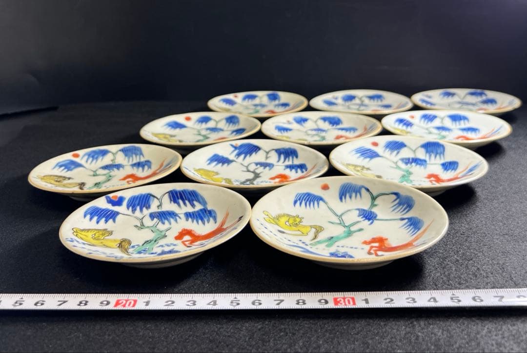 中国清朝時代　南京赤絵馬図小皿11枚　木箱付　東Y8-0109☆2F