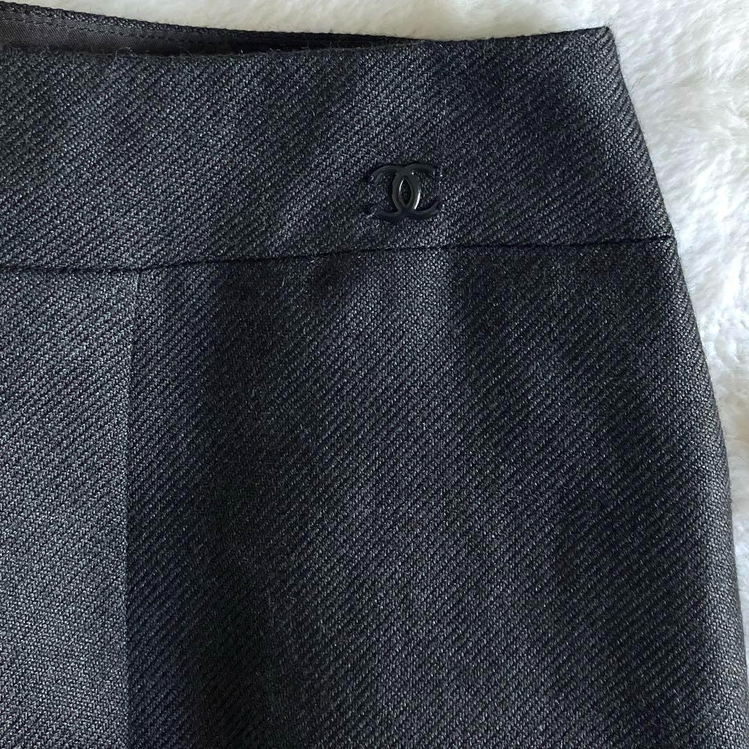 シャネル 05C リネンカシミヤ ココマーク膝丈スカート 38 チャコールグレー
