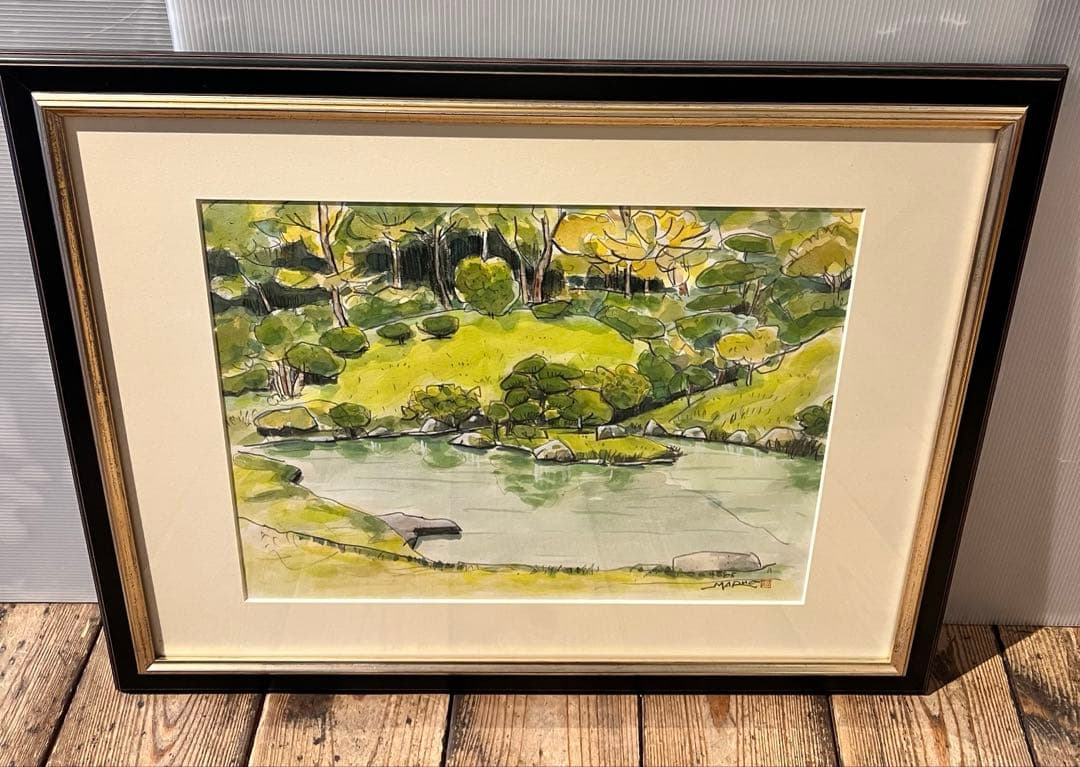 透明水彩画　日本庭園　MARUO 額縁入り　緑　園庭　インテリア　希少
