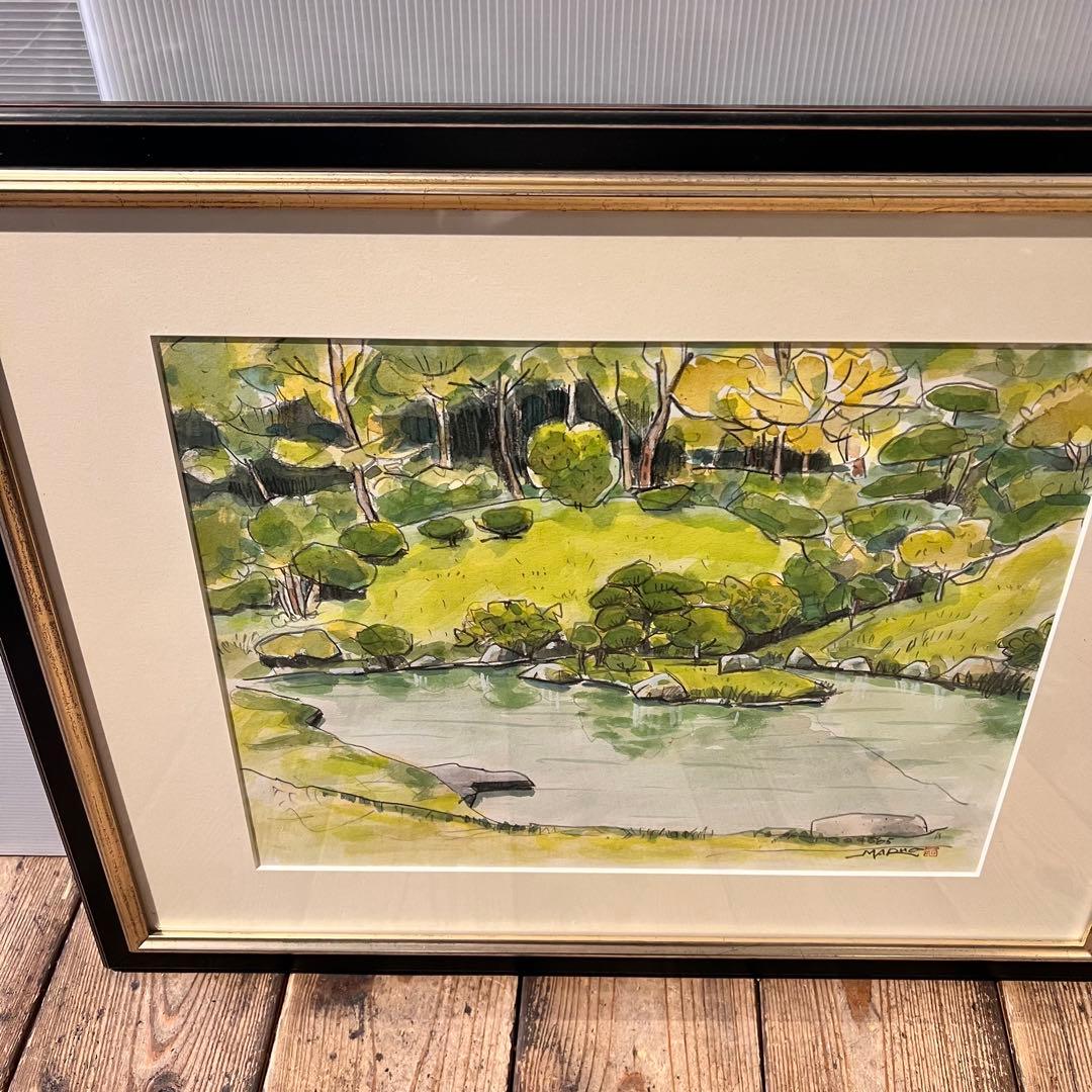 透明水彩画　日本庭園　MARUO 額縁入り　緑　園庭　インテリア　希少