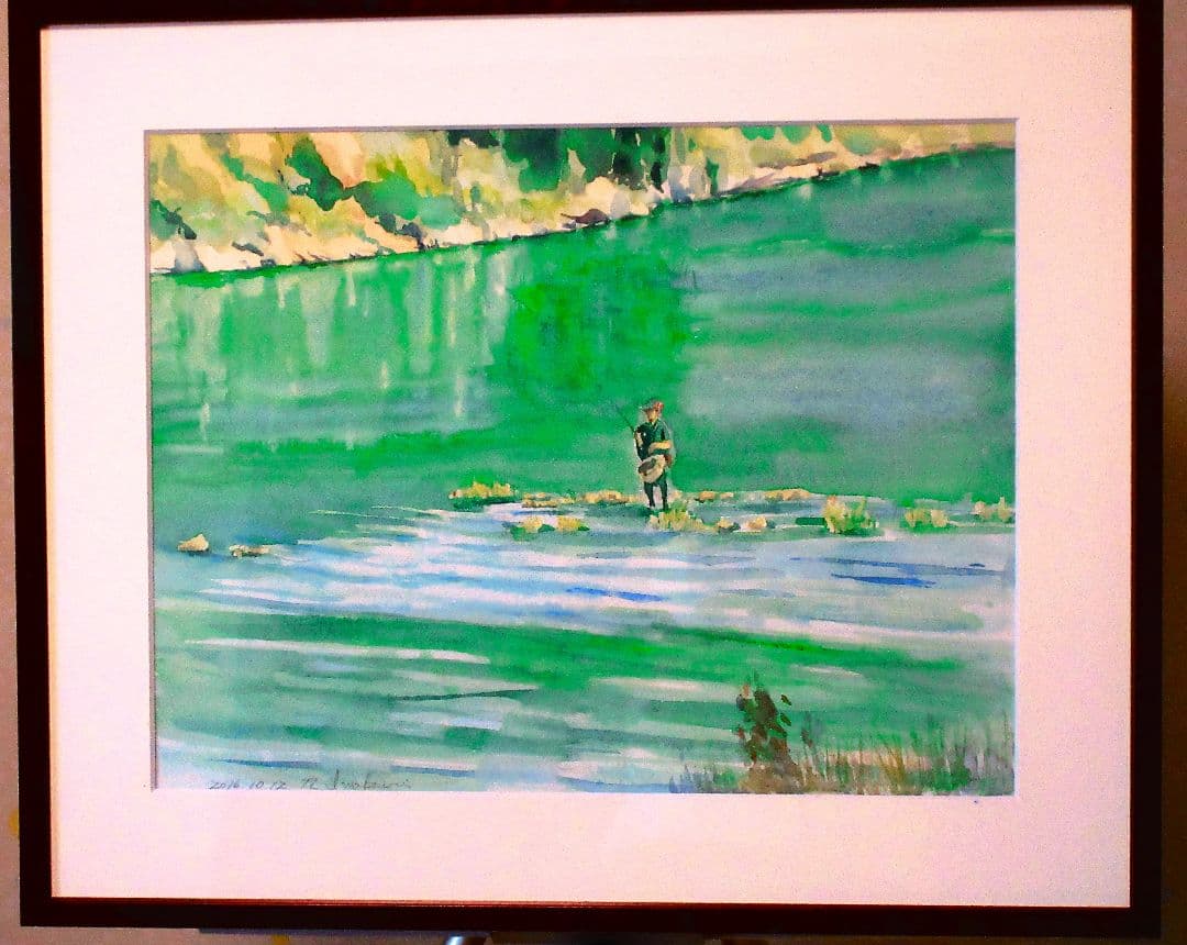釣り人の水彩画（額縁付き）原画