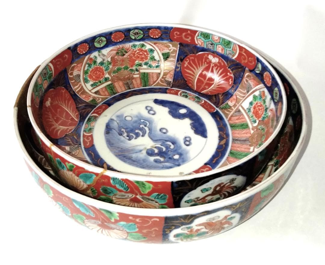 陶器 大深鉢(大) 荒波に獅子・牡丹・鳳凰 色絵 二重鉢揃い Ab-318