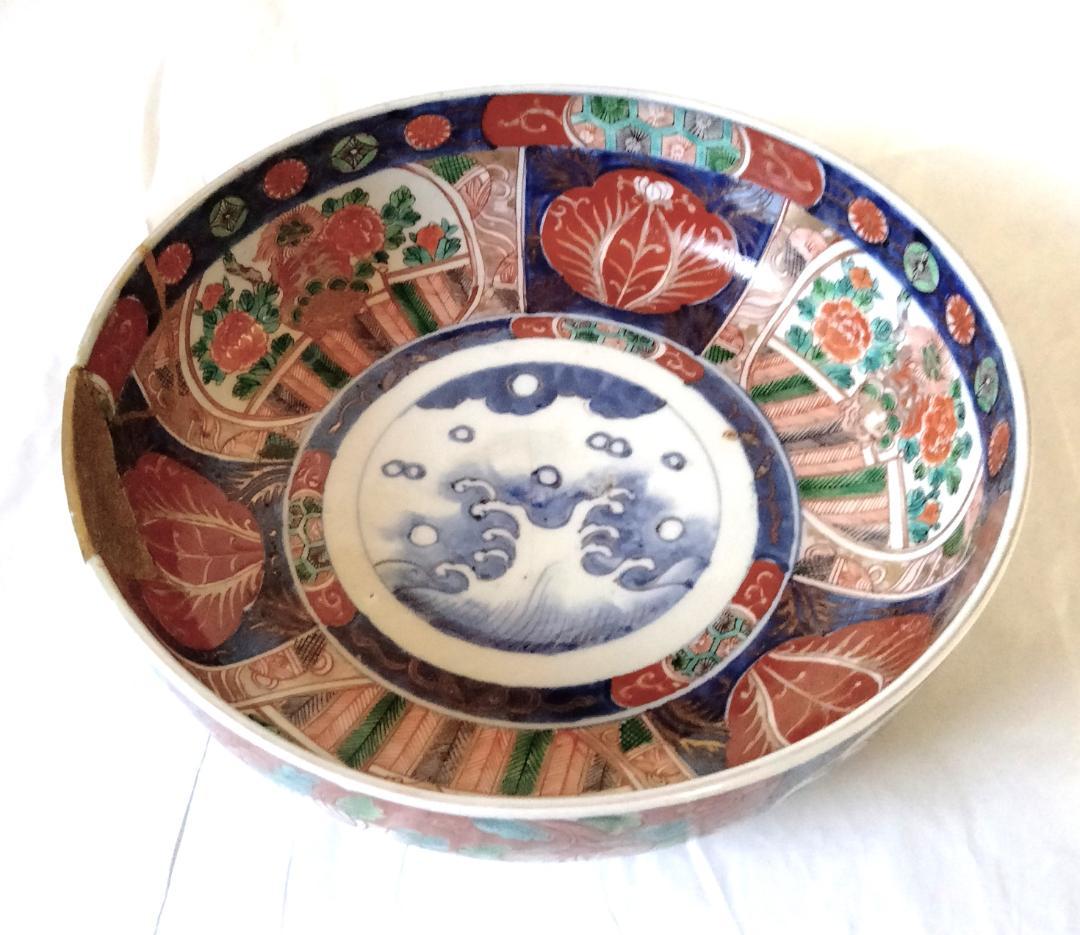 陶器 大深鉢(大) 荒波に獅子・牡丹・鳳凰 色絵 二重鉢揃い Ab-318