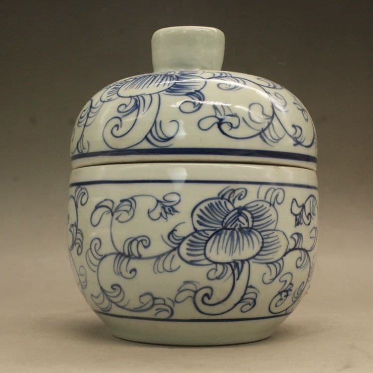 青花纏枝連蓋缶 磁器 書道具 文房具 現代工芸品 美術品 装飾品 置物