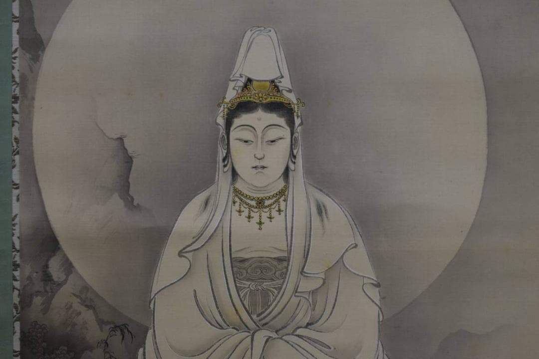 真作/桂堂/岩上観音図/布袋屋掛軸HE-507