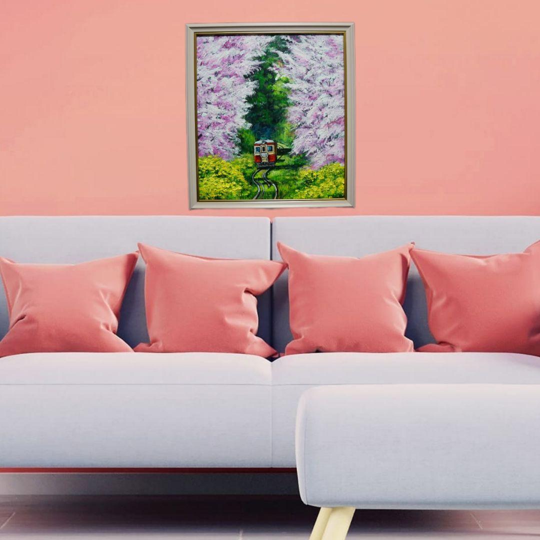 油絵 油彩 油彩画 絵画 絵 【桜と菜の花の鉄道】