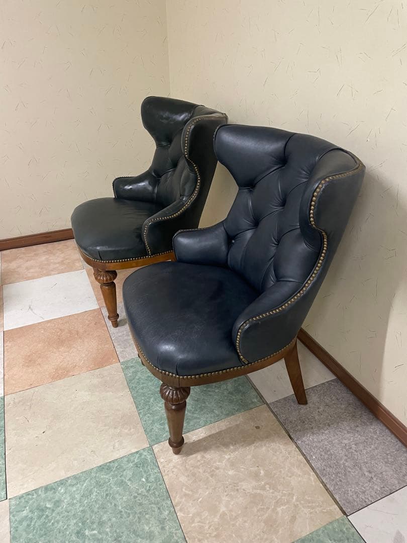 ダークブルー レザー クラシックチェア 2脚セット