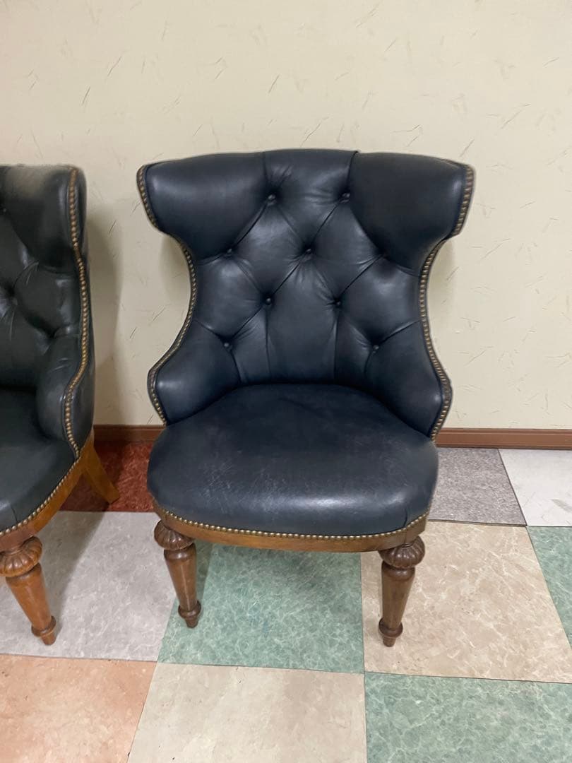 ダークブルー レザー クラシックチェア 2脚セット