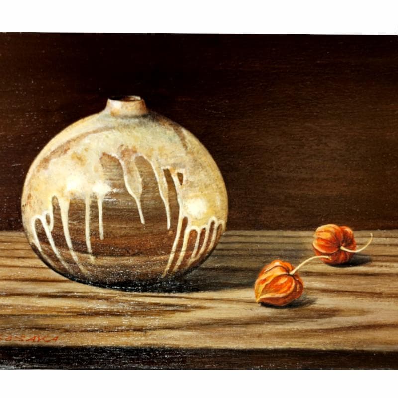 ☆小阪正次☆「壺とほうずき」油絵　Ｆ４号　一枚の繪人気画家