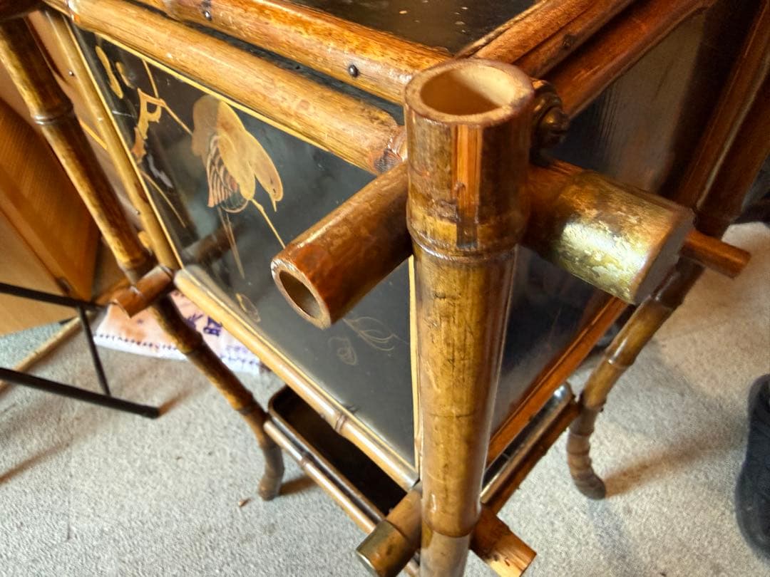 明治期 竹細工 蒔絵風パネル付 手焙り箱 花台 飾り棚