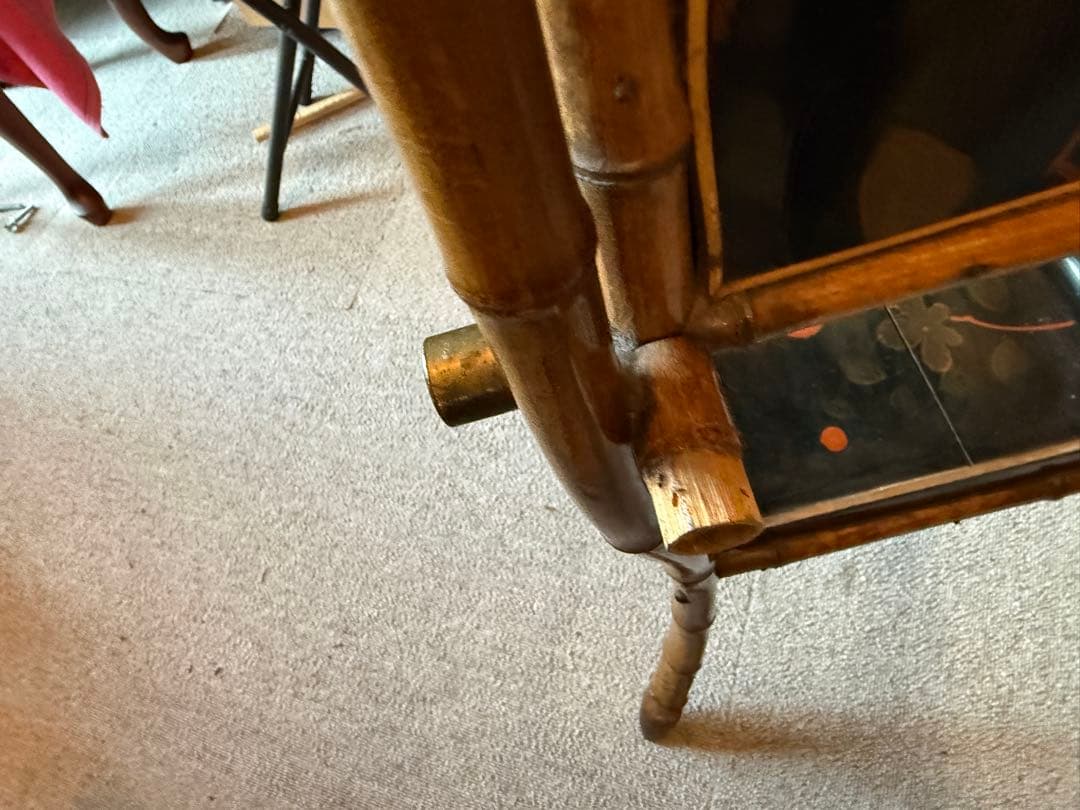 明治期 竹細工 蒔絵風パネル付 手焙り箱 花台 飾り棚