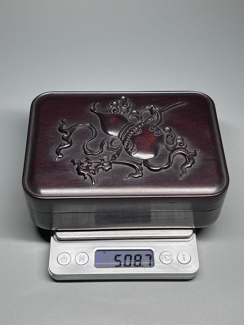 木製　小物入れ　紫檀　硯箱　瓢箪　浮き彫り　極細工　文房具　中国美術　香合　美品