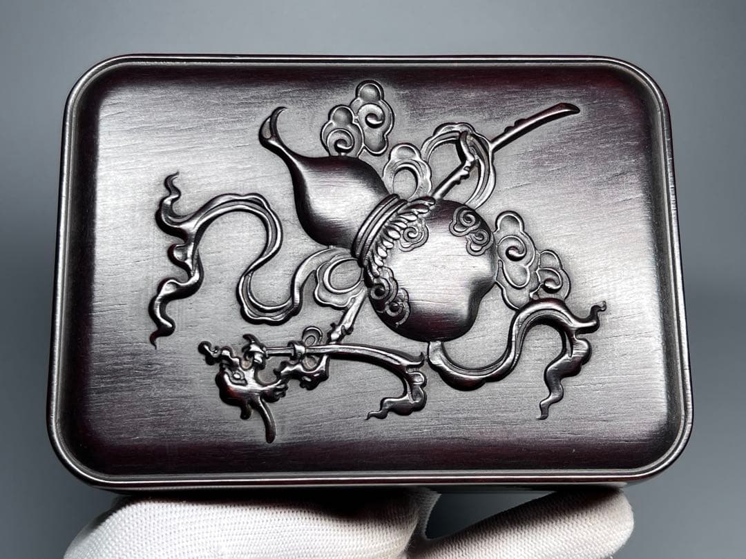 木製　小物入れ　紫檀　硯箱　瓢箪　浮き彫り　極細工　文房具　中国美術　香合　美品